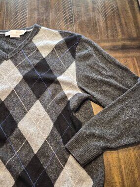 Luigi Baldo Mens XL Cashmere Silk V-Neck Argyle Sweater Made in Italy H113